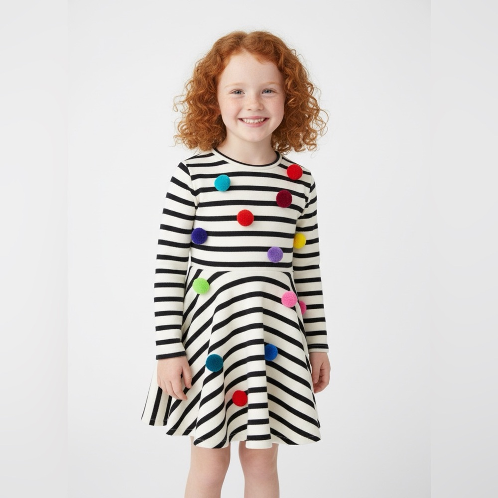 NEW‎ Halabaloo Super Fun Girls Dress w/Colorfu Pom Poms 18m 4T 4 Long Sleeves